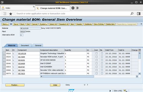 Sap bom - Check and revert back. 03-30-2009. Try with CEWB, select BOM_ITEM as the work area, specify the materials & then click Ctrl + F9, you will be able to list out all components for those materials. But be careful you use this is a mass processing t-code & you can make several changes. Hope the above helps.